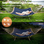 Outdoor 2 Person Hammock with 12 ft Stand and Solar Powered Lights in Dark Blue, Portable