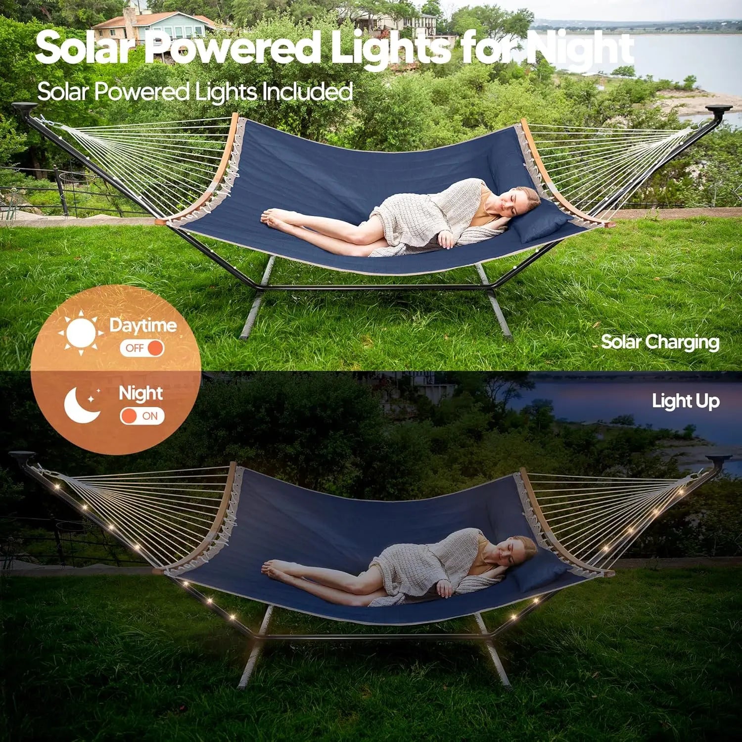 Outdoor 2 Person Hammock with 12 ft Stand and Solar Powered Lights in Dark Blue, Portable