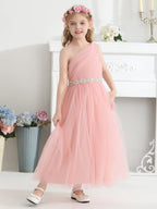 Wedding Flower Girl Dress, One Shoulder Ruched Tulle Gown, A-Line Princess Dress with Rhinestone Waist for Girls Junior Bridesmaid