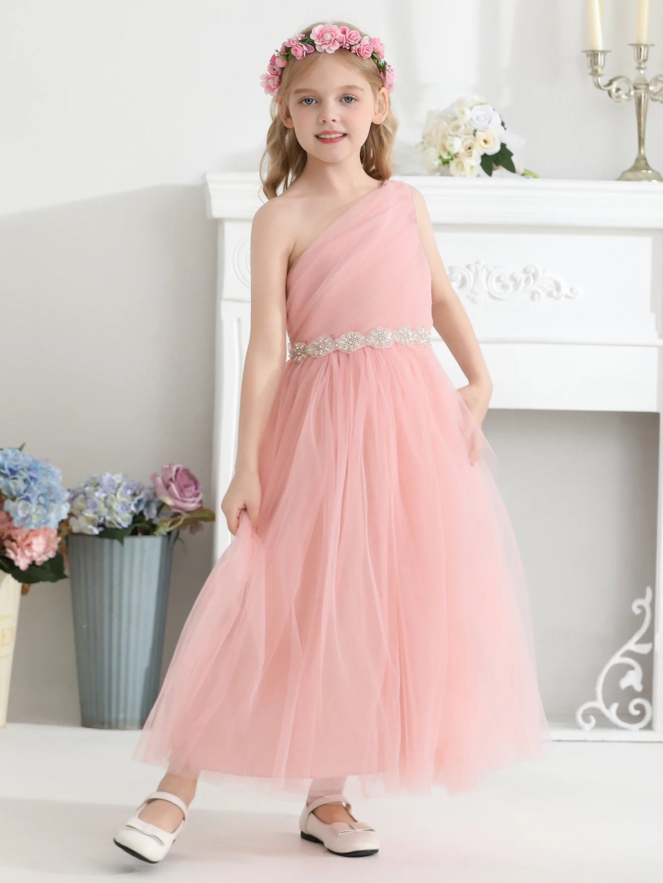 Wedding Flower Girl Dress, One Shoulder Ruched Tulle Gown, A-Line Princess Dress with Rhinestone Waist for Girls Junior Bridesmaid