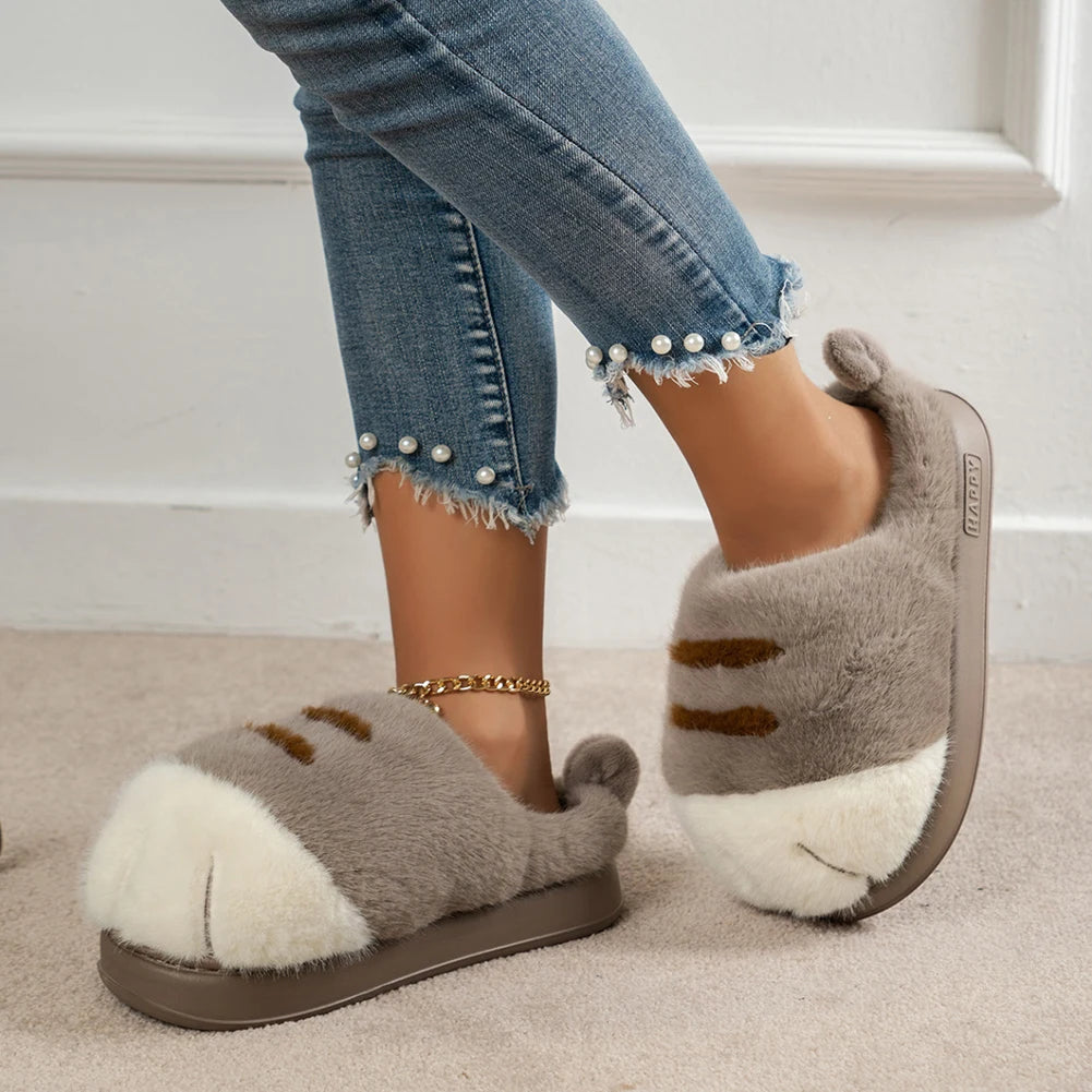 3D Cat Paw Plush Slippers Warm Slip-on House Shoes Comfortable Fluffy Home Slippers Anti Slip Cute Paw Slippers for Men Women