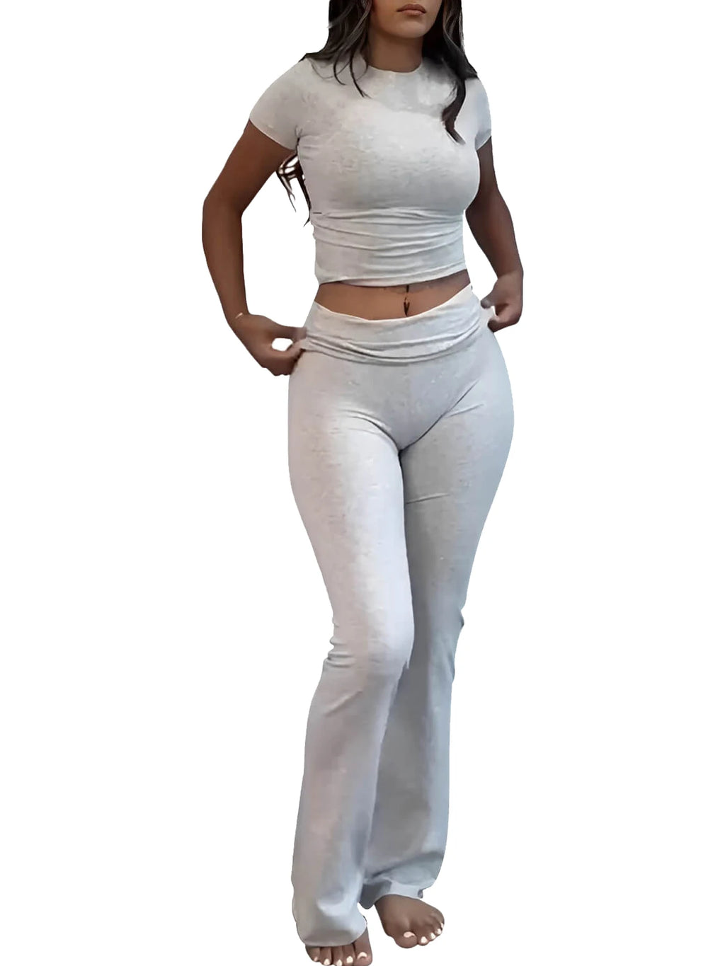 Women's two-piece sports leisure yoga set, short-sleeved cuffed flared trousers, short-sleeved top sports set