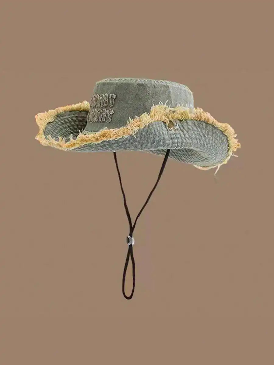 1pc Women's Retro Washed Frayed Edge Drawstring Bucket Hat, Outdoor Hiking Sun Hat, Student Sun Protection Hat, Suitable For