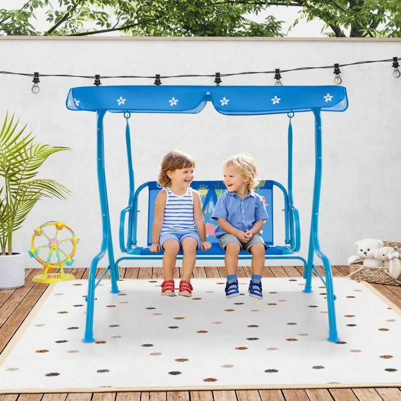 2-Seater Porch Swing Chair With Metal Stand Adjustable Canopy Outdoor Furniture