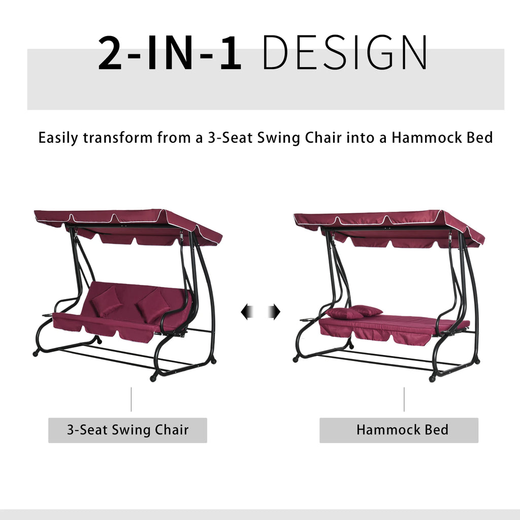 Outdoor 3-Person Patio Porch Swing Hammock Bench with Adjustable Canopy, Red
