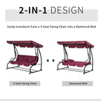 Outdoor 3-Person Patio Porch Swing Hammock Bench with Adjustable Canopy, Red