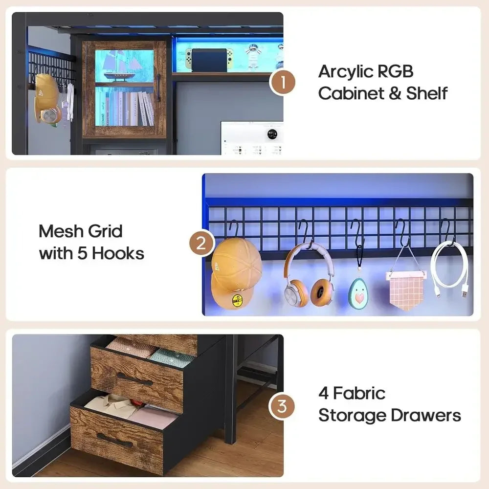 Full Size Gaming Loft Bed with Desk, Storage Drawers, Power Outlet, Metal Frame, RGB Lights, Space-Saving Design for Teens, Guar