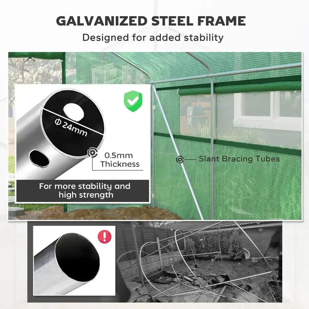 13ft x 10ft x 6.5ft Walk-in Greenhouse with Large Windows, Zippered Door, Galvanized Steel Frame, PE Cover