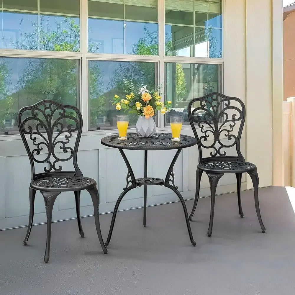 Outdoor 3-Piece All-Weather Cast Aluminum Patio Bistro Set with Umbrella Hole for Balcony and Yard, Black