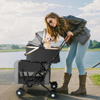 Travel Pet Stroller for Multi-Pet Homes, Detachable Carrier Material, Black, Foldable with Safety Belts and 4 Lockable Wheels