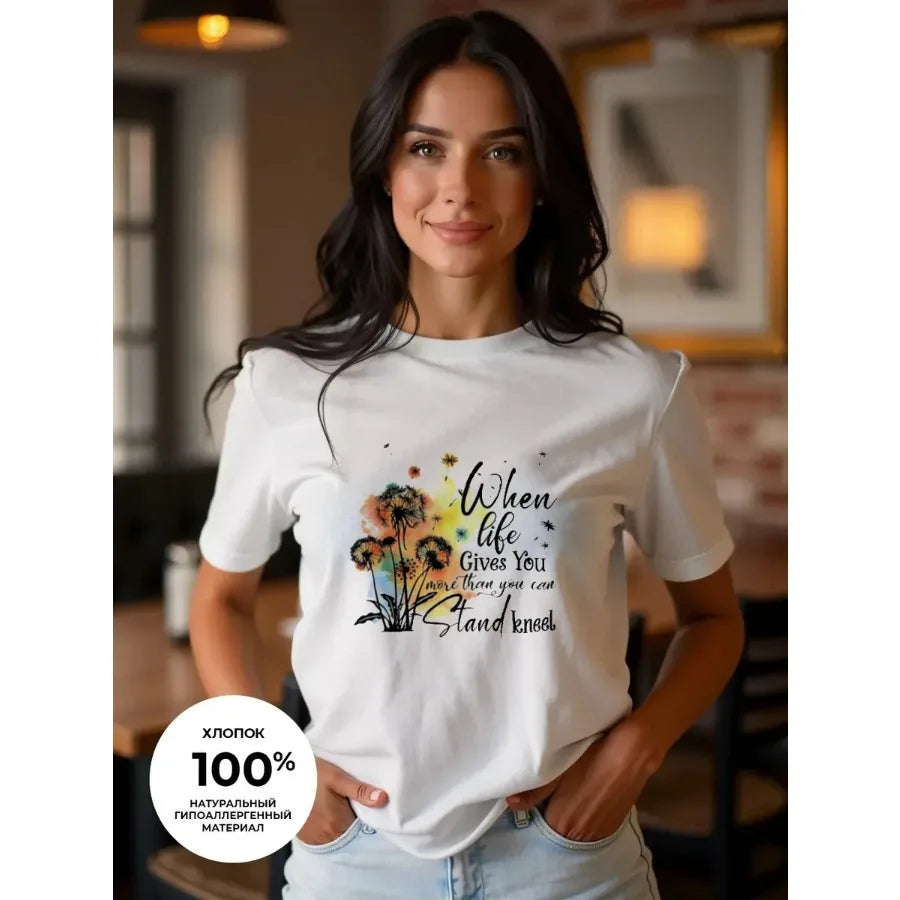 【New Arrival】Dandelion Butterfly Watercolor Print T-Shirt Women's Summer Cotton Casual Top