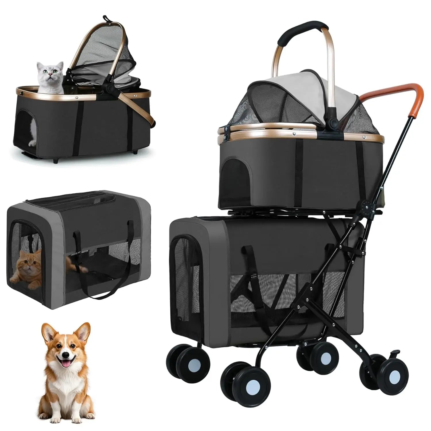 Travel Pet Stroller for Multi-Pet Homes, Detachable Carrier Material, Black, Foldable with Safety Belts and 4 Lockable Wheels