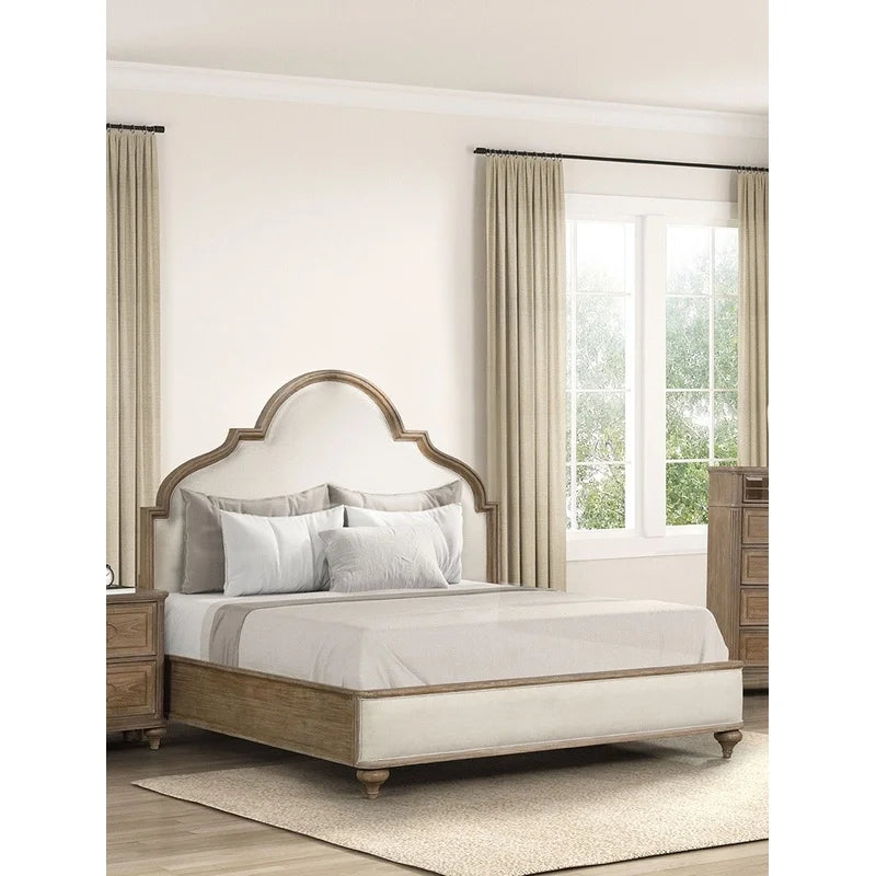 Rustic Oak 3-Piece Eastern King Bed with Nightstands, Solid Wood, Unique Legs, Upholstered Frame, Traditional Design