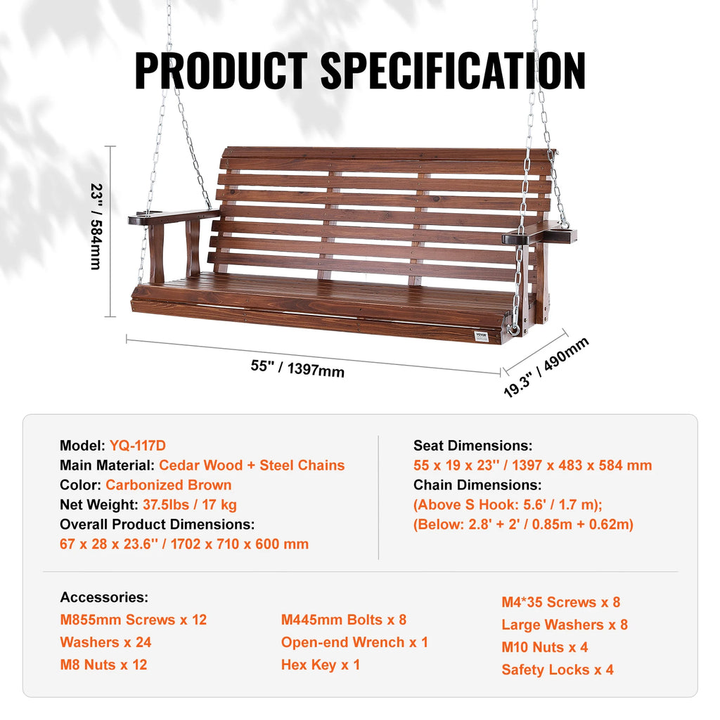 SucceBuy Wooden Porch Swing 5 ft Patio bench swing for Courtyard Garden Upgraded 880 lbs Strong Load Capacity Swing Chair Bench