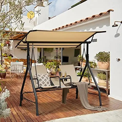 2 Person Porch Swing, Outdoor Swing with Tempered Glass Table, 2 Cup Holder, Patio Swing with Adjustable Canopy for