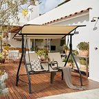 2 Person Porch Swing, Outdoor Swing with Tempered Glass Table, 2 Cup Holder, Patio Swing with Adjustable Canopy for