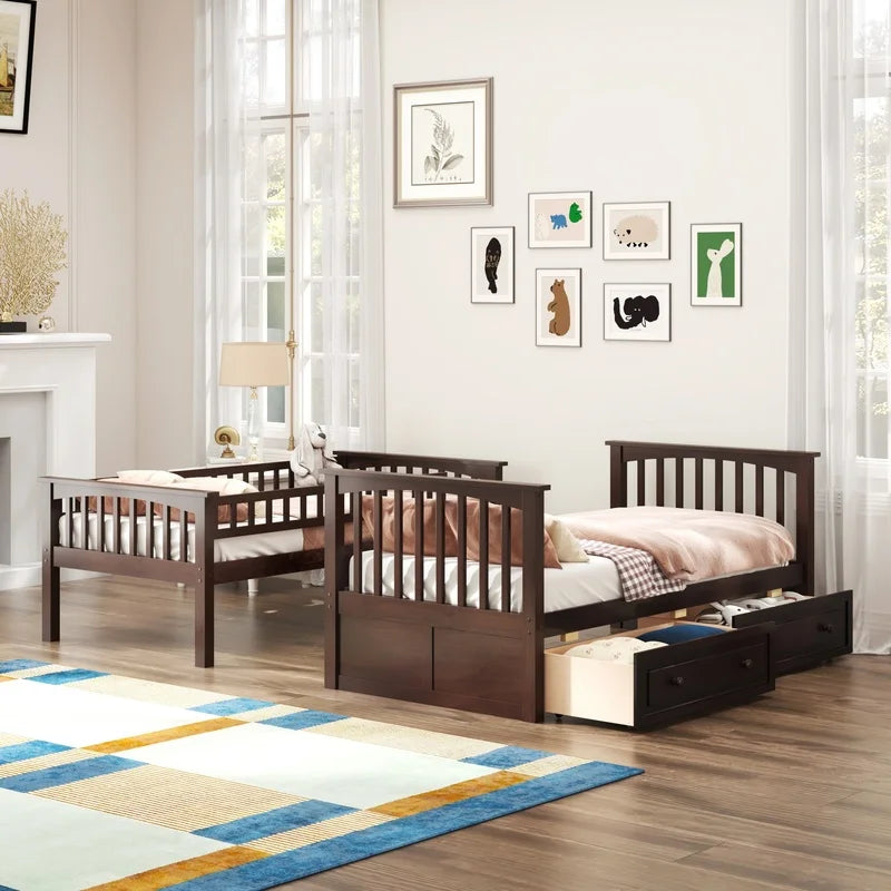 Espresso Twin Over Twin Bunk Bed with Storage Drawers, Convertible Design
