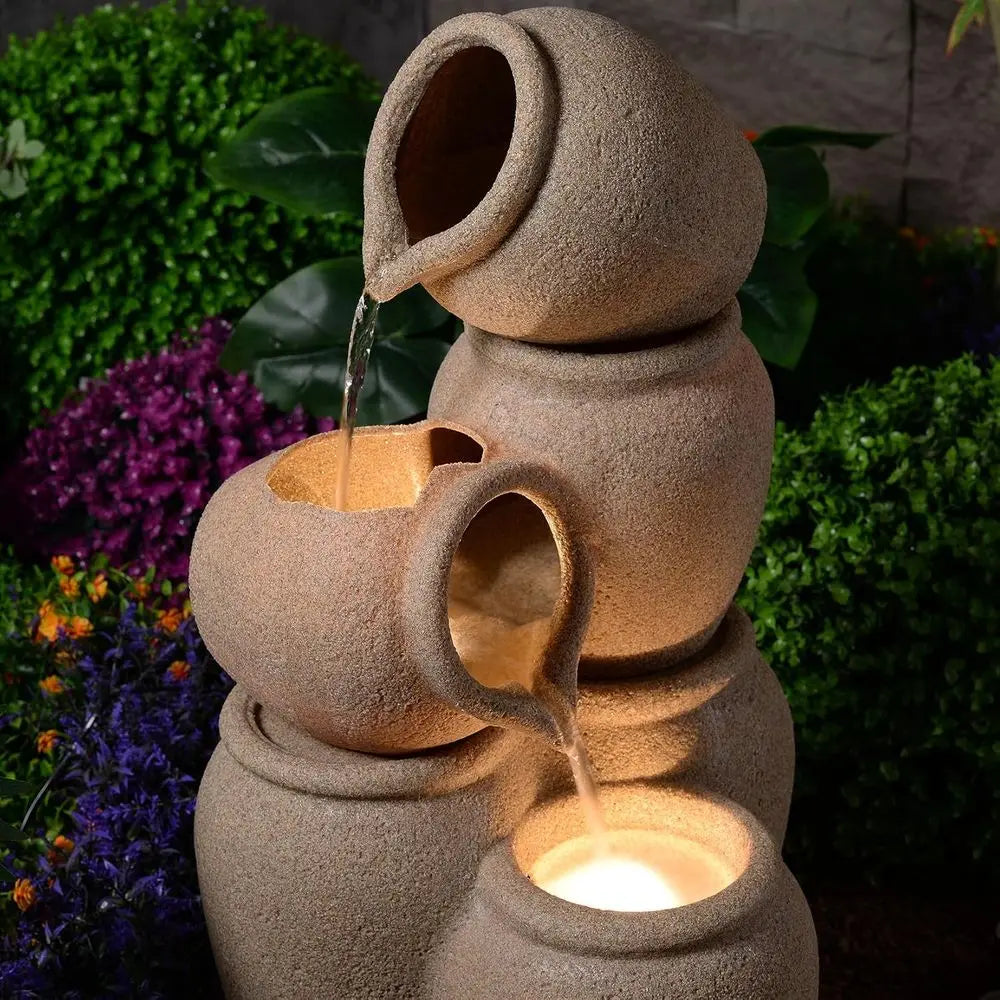 Eco-Friendly 3-Tier Cascading Jars Outdoor Water Fountain with LED Lights for Patio and Backyard Decor