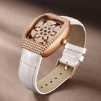 Mark Fairwhale Luxury Rotating flower dial Women's Watches Quartz Skeleton Tonneau Leather Diamond fully encrusted Watches for women