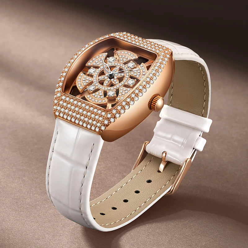 Mark Fairwhale Luxury Rotating flower dial Women's Watches Quartz Skeleton Tonneau Leather Diamond fully encrusted Watches for women