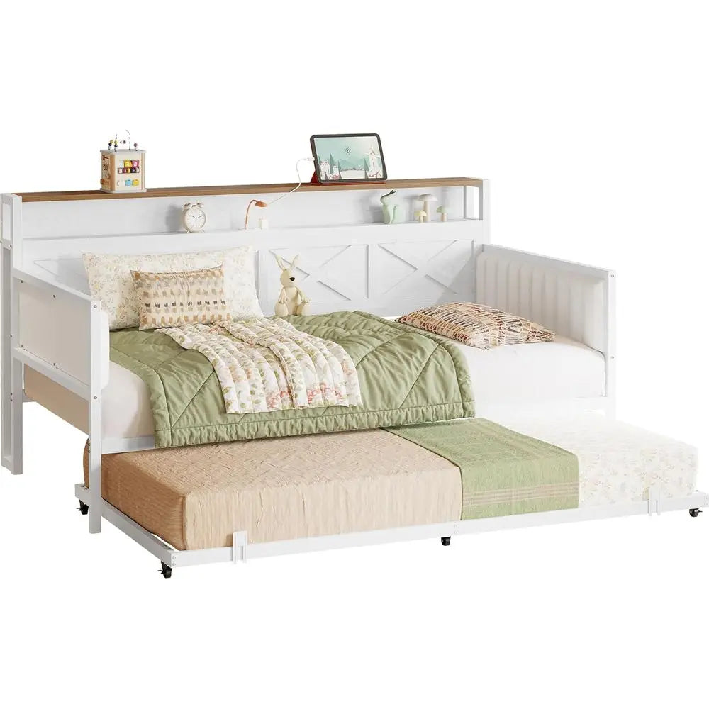 Upholstered Metal Daybed with Trundle, Twin Size Bed Frame, Farmhouse Style with Charging Station, White/Walnut