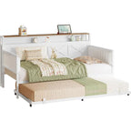 Upholstered Metal Daybed with Trundle, Twin Size Bed Frame, Farmhouse Style with Charging Station, White/Walnut