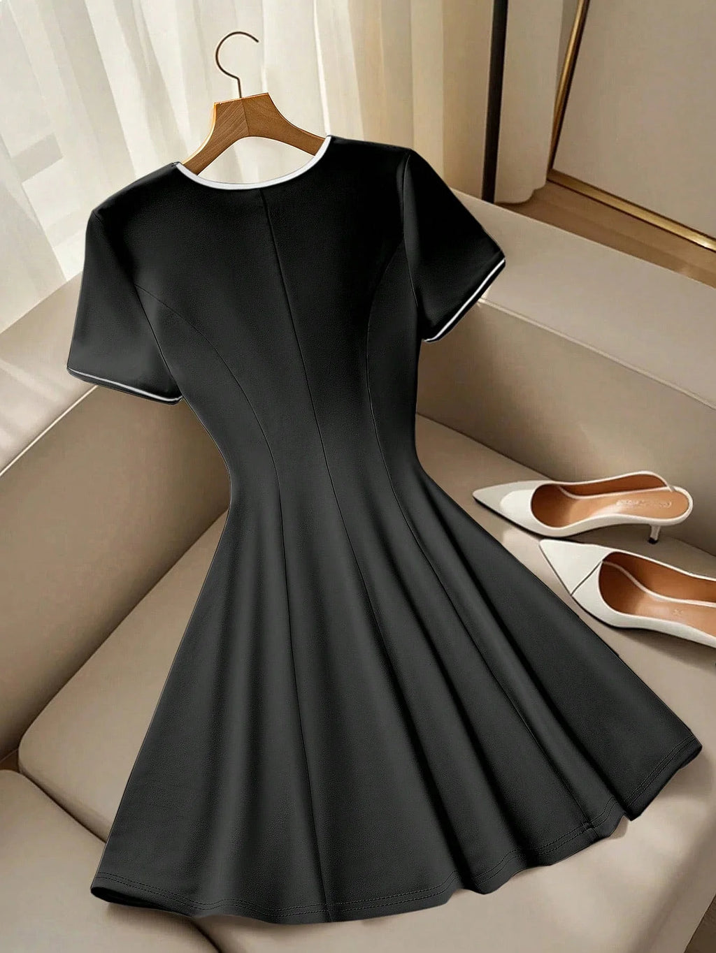 Elegant Black White Piping Short Sleeve Round Neck Button Decor Flared Dress Formal Work Wear