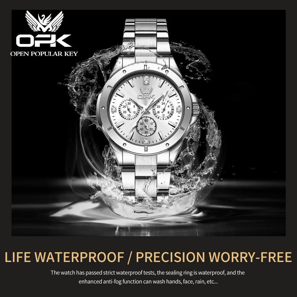 OPK 6001 Original Quartz Movement Elegance Watch For Women Chronograph Stainless Steel Three Simple Small Dials HD Luminous Function Life Waterproof Watch
