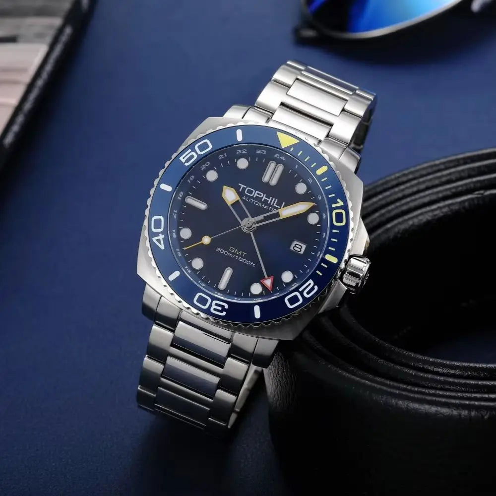 TOPHILL 43mm Men's Diving Watch NH34 GMT Automatic BGW9 C3 Luminous Quick Adjust Bracelet 300M Waterproof Sapphire Luxury TD012G