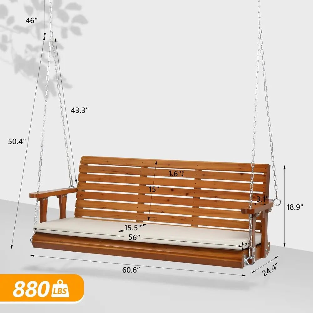 5-Person Outdoor Porch Swing with Cushions, Heavy Duty 880lbs, Ideal for Yard, Garden, Pool, Deck, Brown