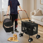 Black Two-Tier Dog and Cat Stroller, Foldable Stroller Dog Buggy Small Dogs, for Small and Medium-Sized Hu
