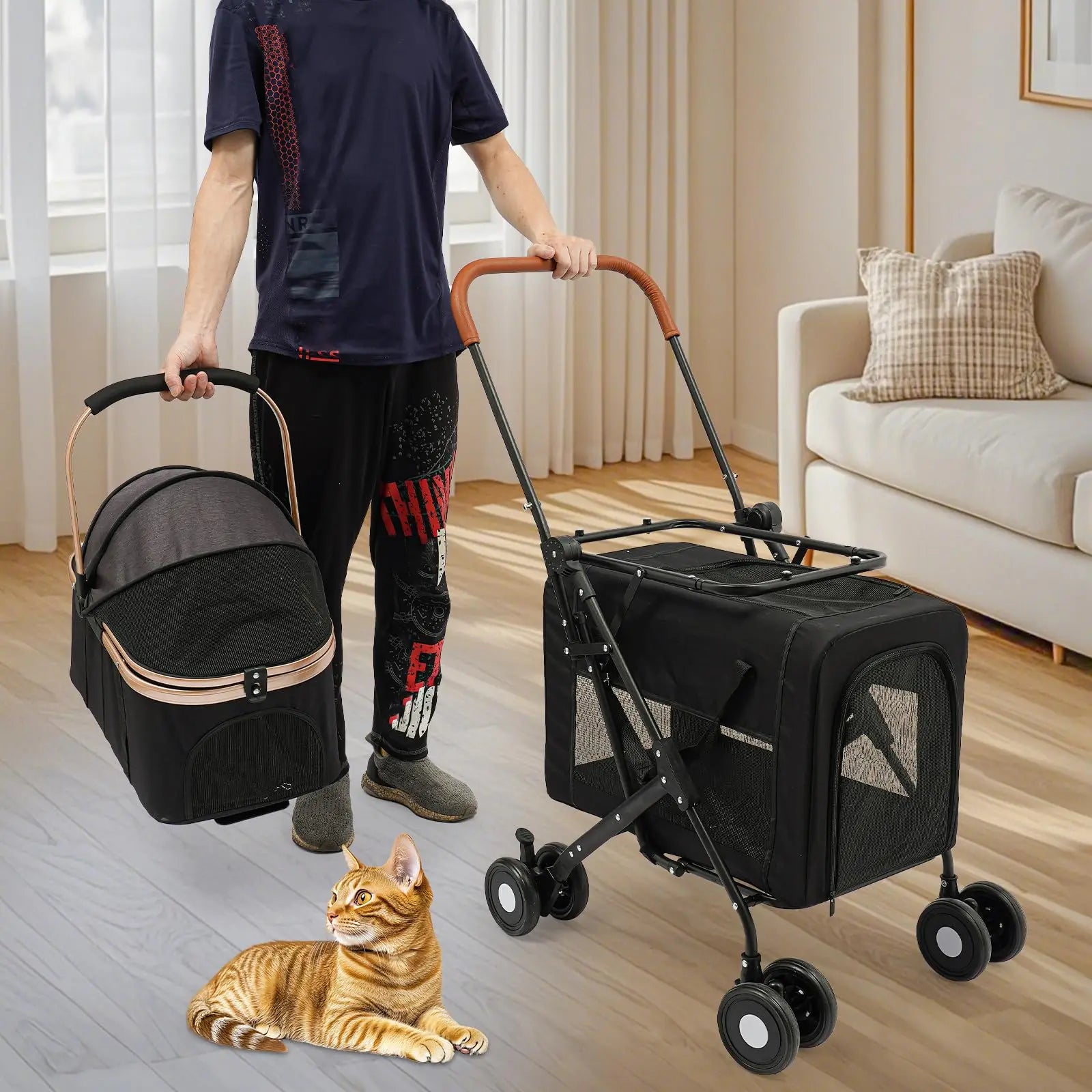 Black Two-Tier Dog and Cat Stroller, Foldable Stroller Dog Buggy Small Dogs, for Small and Medium-Sized Hu