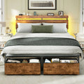 Queen Bed Frame with Wood Headboard,2 Storage Drawers amp Shelf Builtin Charging Station amp LED Lights, Metal Support, No Box