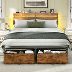 Queen Bed Frame with Wood Headboard,2 Storage Drawers amp Shelf Builtin Charging Station amp LED Lights, Metal Support, No Box