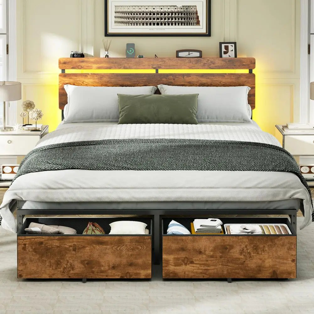 Queen Bed Frame with Wood Headboard,2 Storage Drawers amp Shelf Builtin Charging Station amp LED Lights, Metal Support, No Box