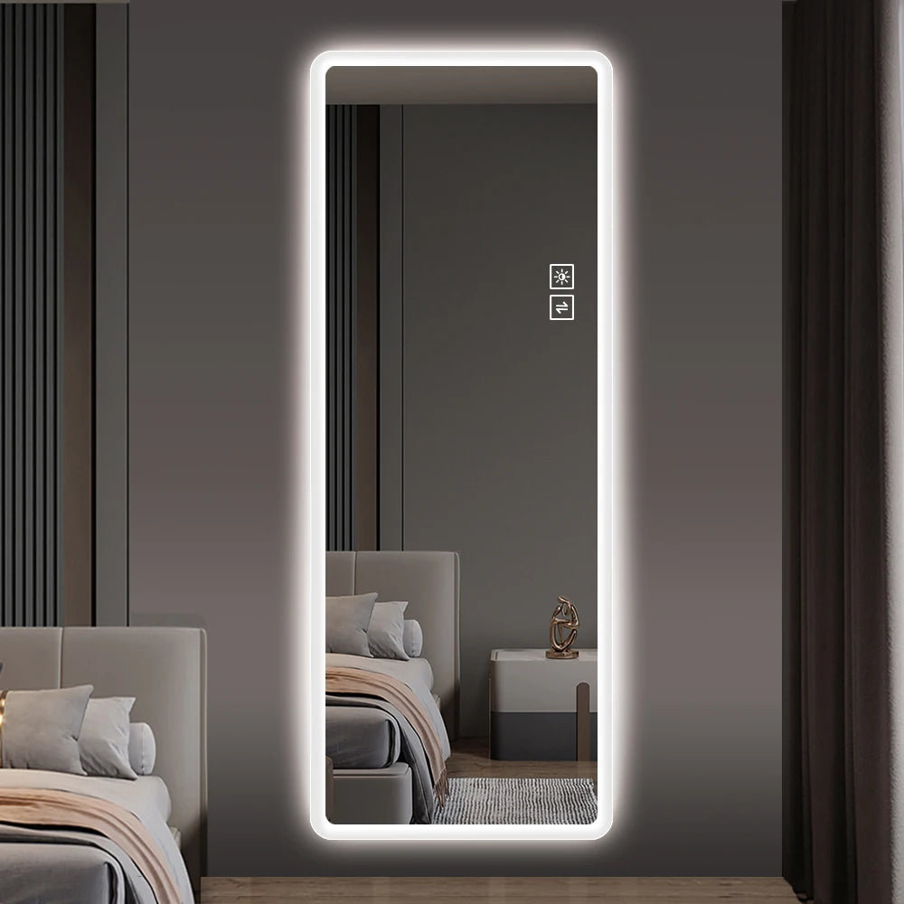LED Lighted Full Length Vanity Mirror with Rounded Corners, Large Wall Mounted Body Mirror, Illuminated Dressing Mirror for Bedroom Living Room Dressing Room Hotel Decor