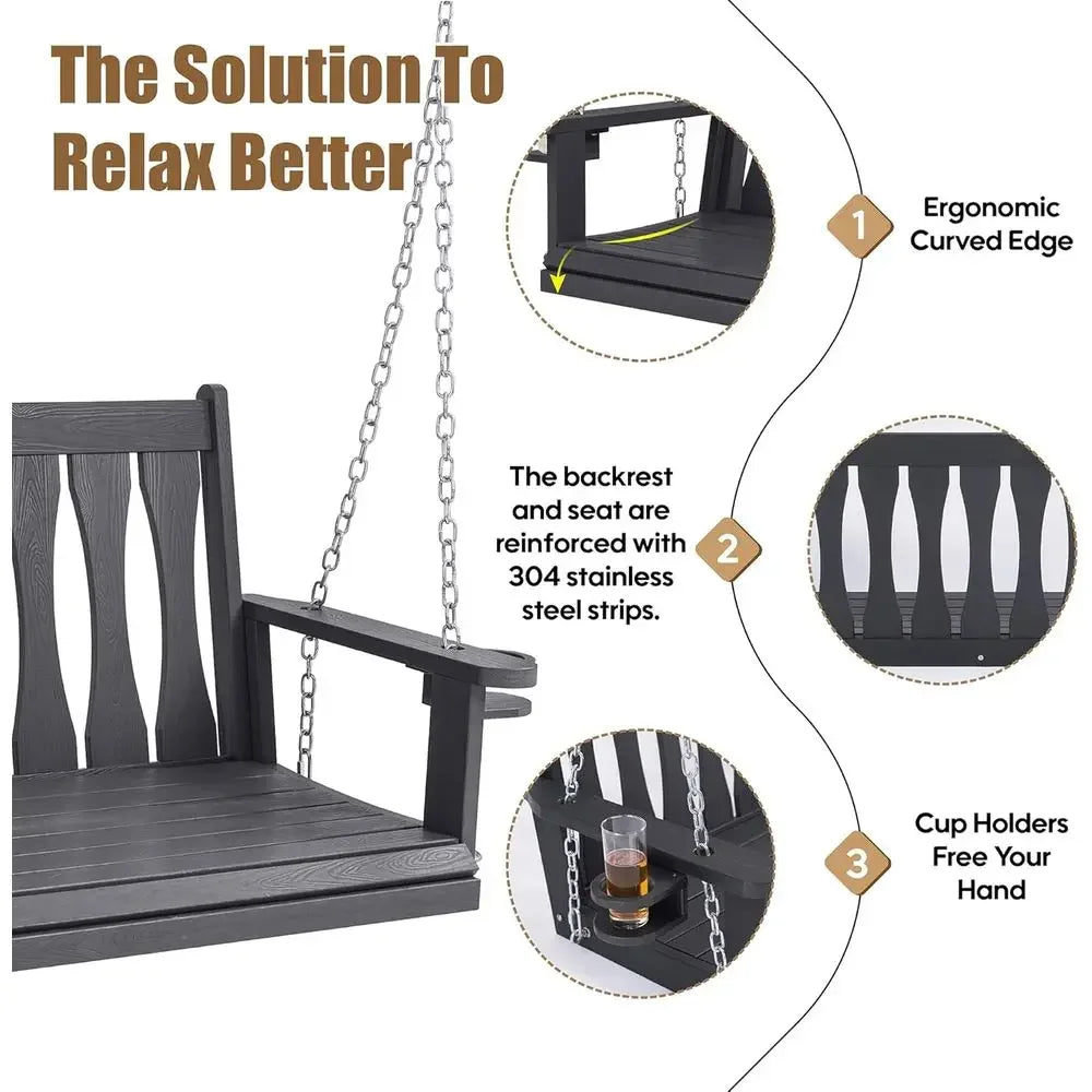 All-Weather 2-Seat Porch Swing with Cup Holders, Patio Swing Bench for Garden and Courtyard