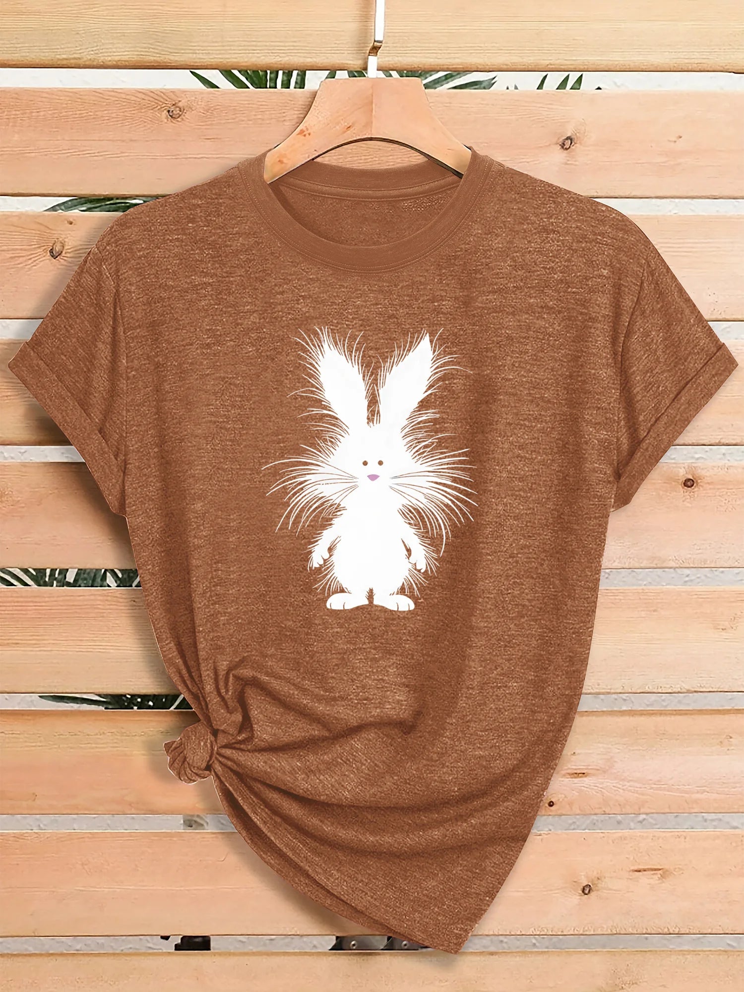 Women Fluffy White Bunny Rabbit Graphic T Shirt Cute Cartoon Animal Easter Spring Short Sleeve Crew Neck Heather Pink Casual Tee Tops