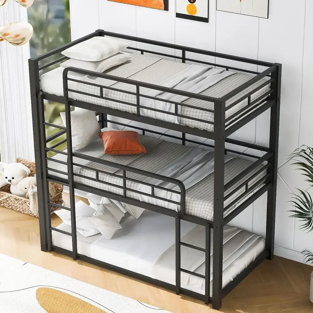 Sturdy Triple Bunk Bed - Twin Over Twin Over Twin Metal Frame for Kids, Teens, Adults in Black