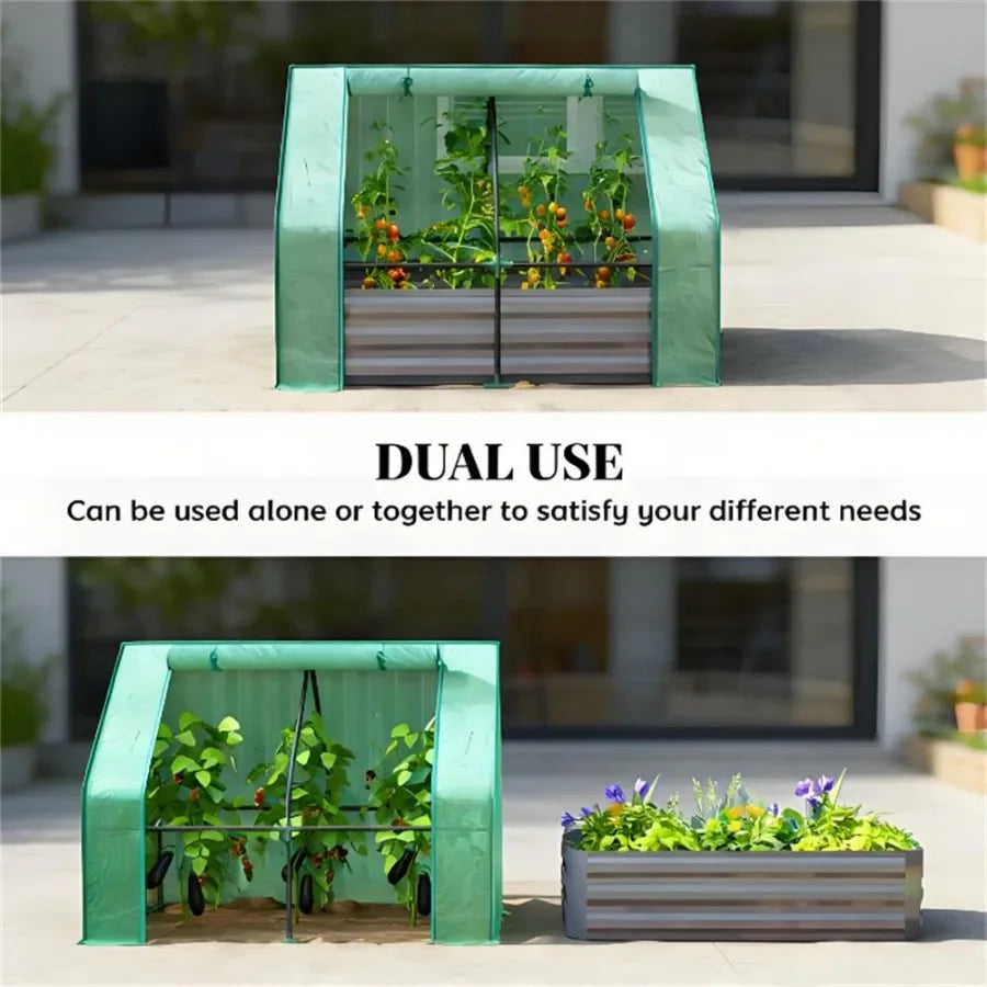 Mini greenhouse for garden bed use, green and dark gray colored durable plastic construction with UV protection and ventilation