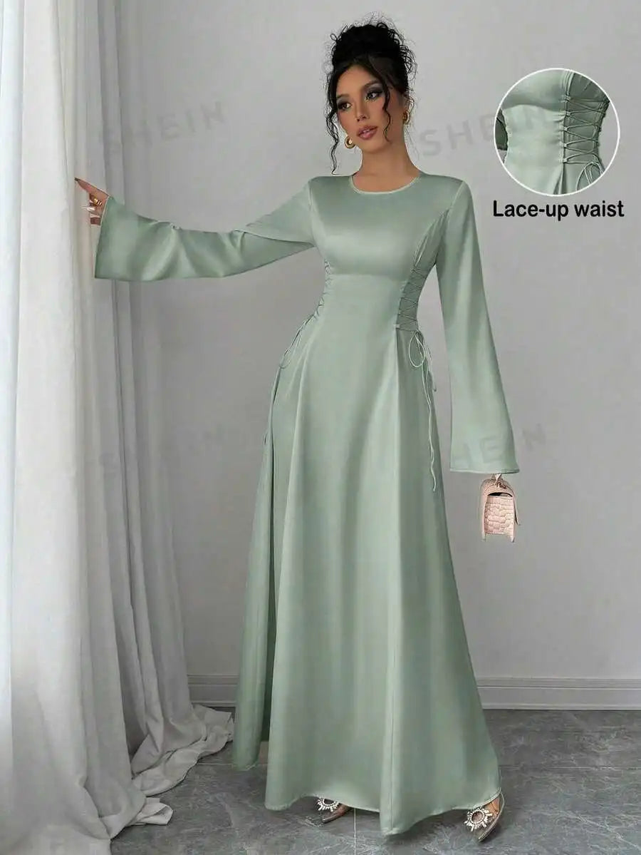 Elegant Ivory A-Line Satin Maxi Dress With Cinched Waist And Flare Sleeves