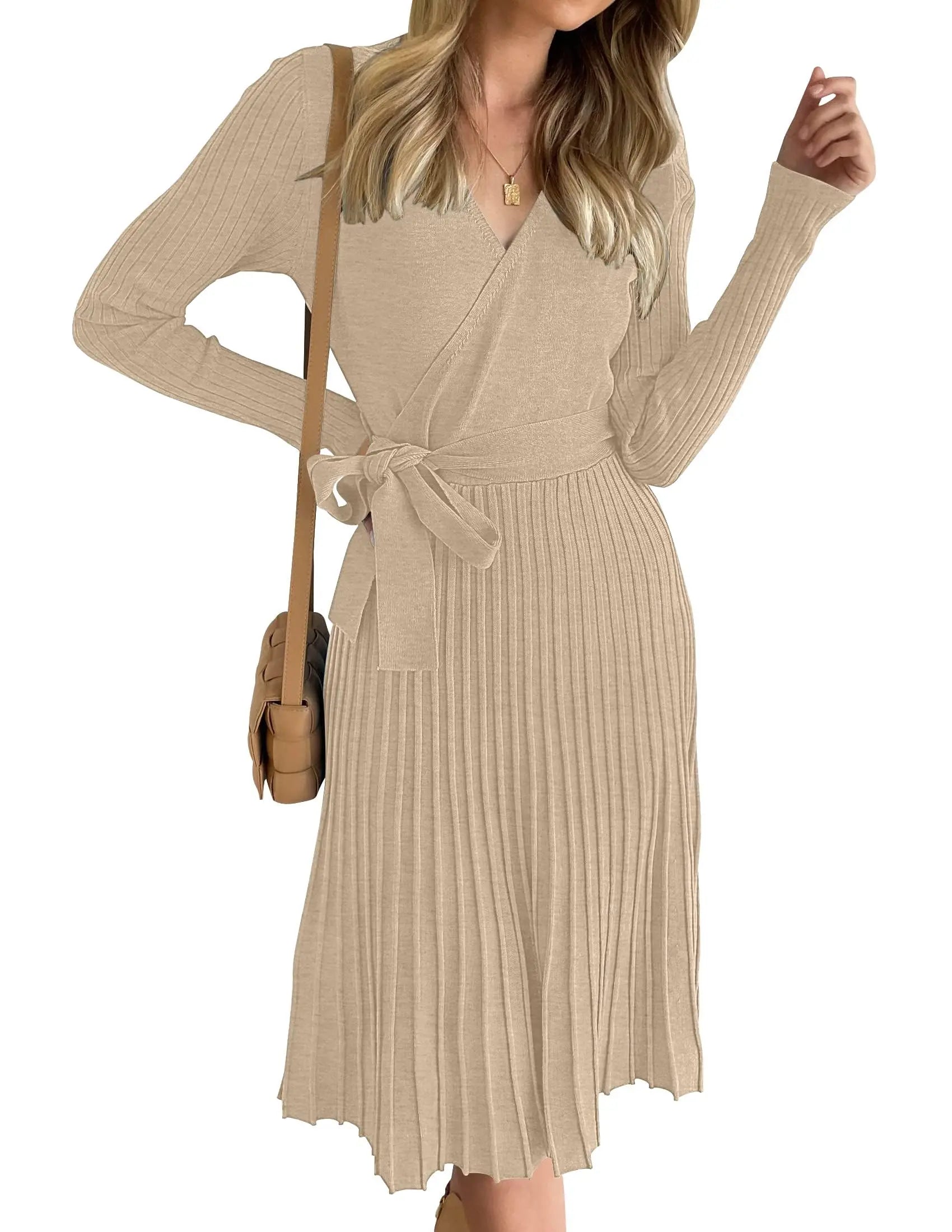Womens Long Sleeve Wrap V Neck Ribbed Knit Pleated A-Line Sweater Dress With Belt