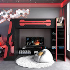 Twin Size Gaming Loft Bed with Integrated Desk and Storage, Wood Frame, LED Light Strip, Space-Saving Design (Red)