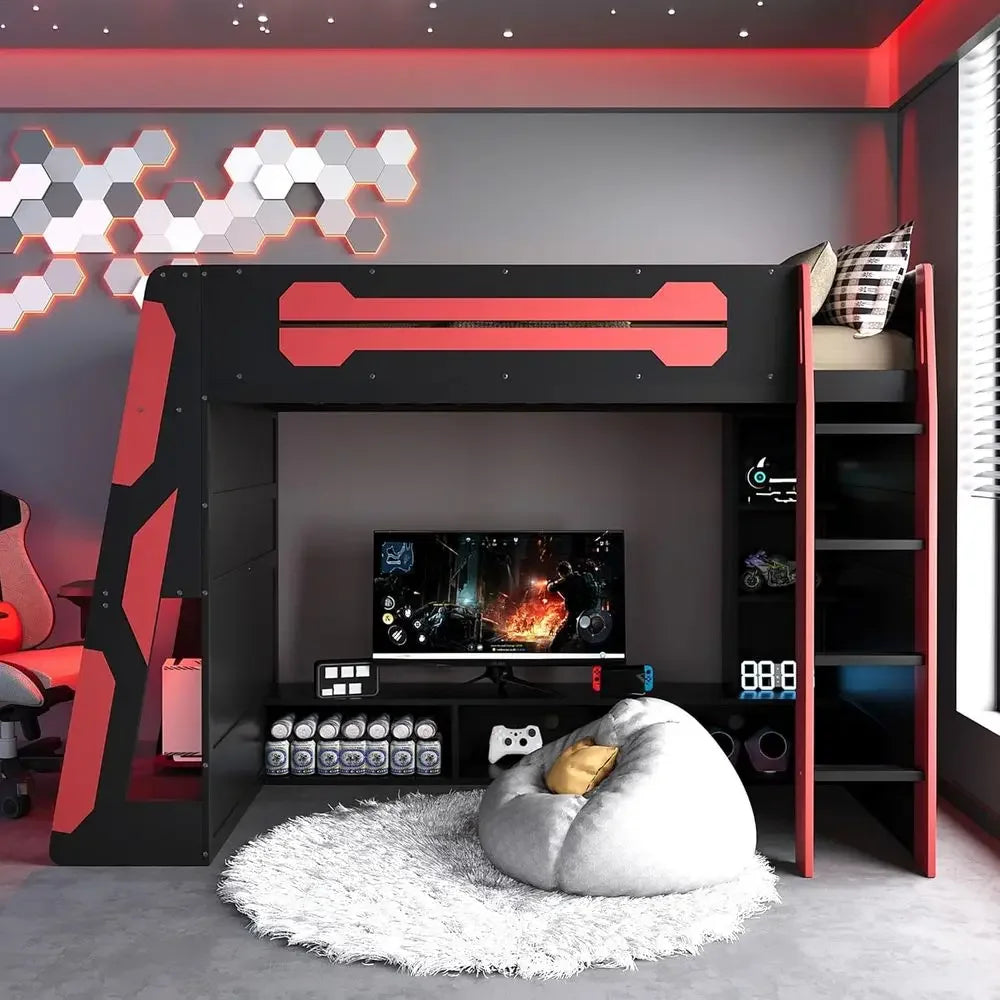 Twin Size Gaming Loft Bed with Integrated Desk and Storage, Wood Frame, LED Light Strip, Space-Saving Design (Red)