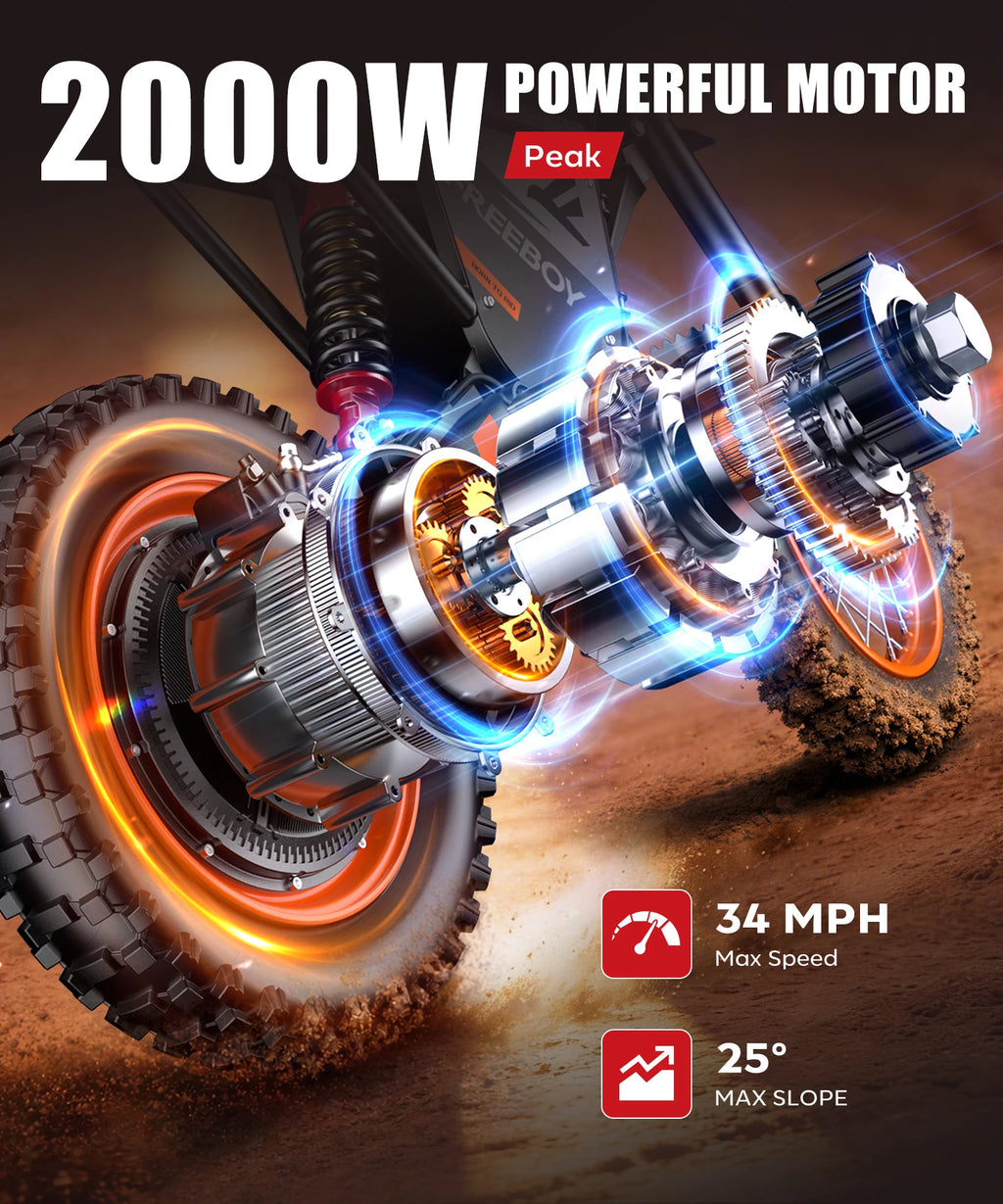Y66 FREEBOY Adult Electric Dirt Bike 2000W Rear Motor 48V 22.5Ah Battery 34MPH Max Speed 12"+10" All Terrain Fat Tire Off Road Electric Motorcycle Hydraulic Disc Brake Electric Motorbike for Outdoor Mountain Trail Riding