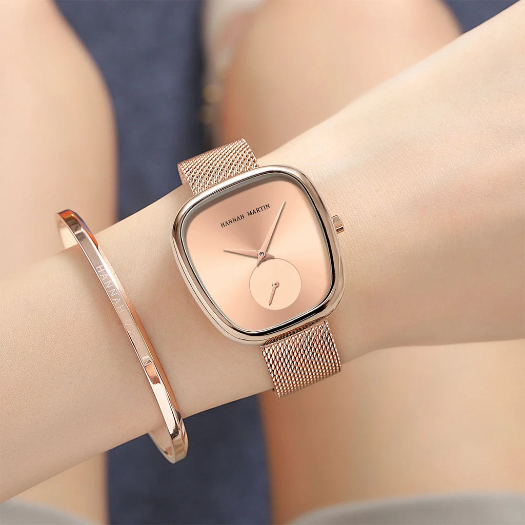 US Local Shipping Women's Watch Oval Rose Gold Case 34mm White Minimalist Dial Original Clock Quartz Movement, Creative Sub Dial, Stainless Steel Mesh Belt, Daily Matching, Work Commuting, Women Jewelry Watch