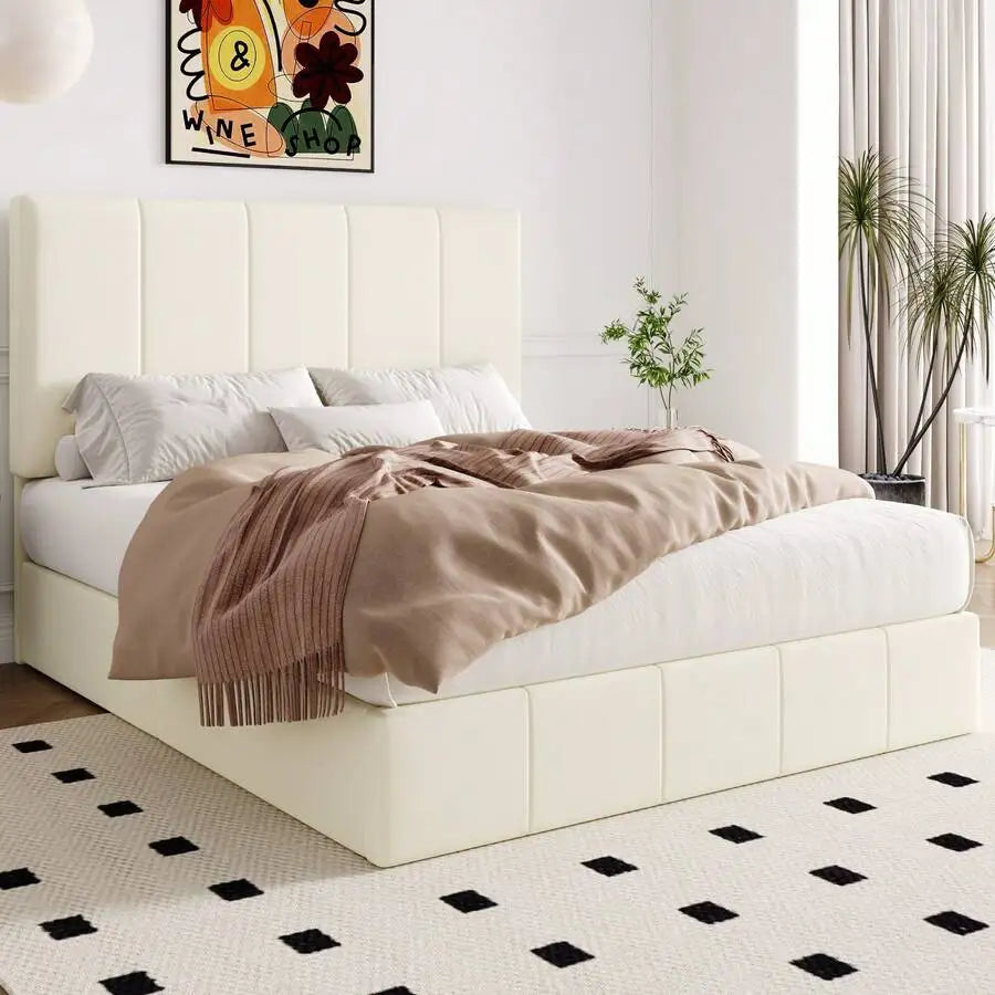 Full/Queen/King Size Velvet Lift Up Storage Bed Frame, Vertical Channel Tufted Headboard, Hydrualic Underneath Storage, Upholstered Platform Bed, Wooden Slats Support, No Box Spring Needed, Cream