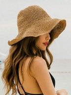 DAZY Versatile And Foldable Khaki Straw Hat For Women, Sun Protection And Beach Vacation, Korean Style Boho
