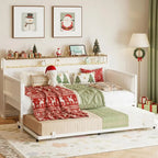 Upholstered Metal Daybed with Trundle, Twin Size Bed Frame, Farmhouse Style with Charging Station, White/Walnut