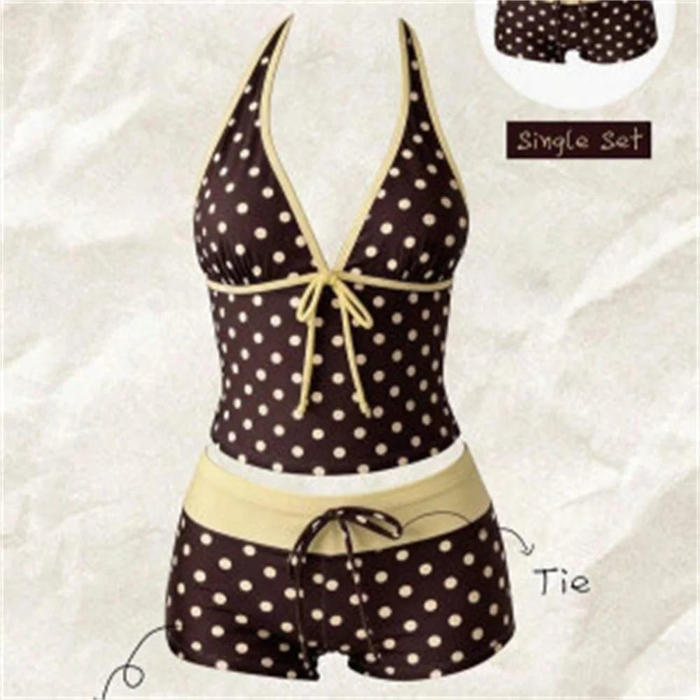 Kawaii Pink Dot Bikini Shorts Bowknot Halter Backless Swimsuit Deep V Swimwear Women's Bikinis and Tankinis Vacation Outfit Sets